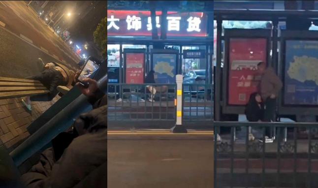 常州大学城公交车站两男女饥渴难耐当街啪啪，各种姿势变换无视路人视频曝光全网疯传